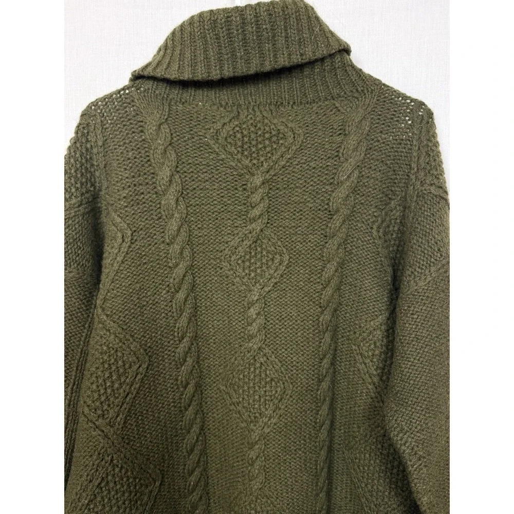 VTG Hand Knit Shetland Wool Cable Knit Turtleneck Sweater Womens M‎ Green Chunky